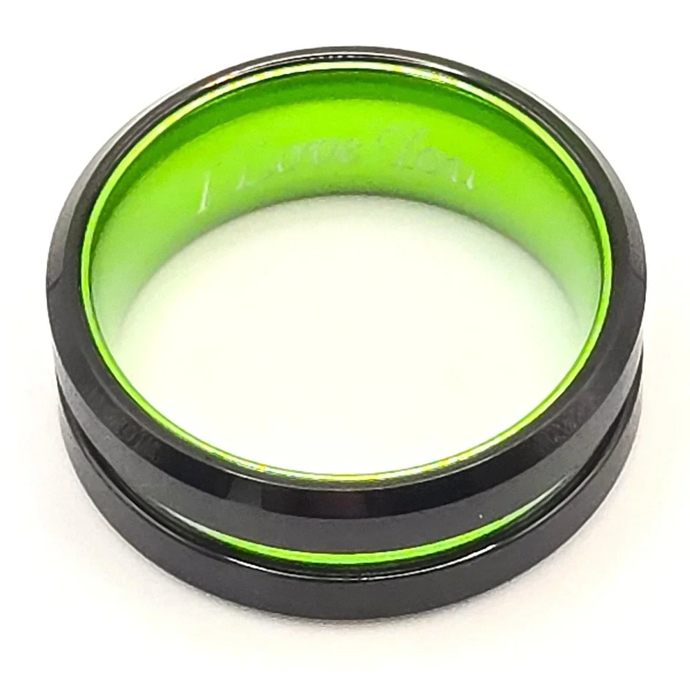 Black and Neon Green I Love You Engraved Tungsten Unisex Band Ring 8mm Size 7.75